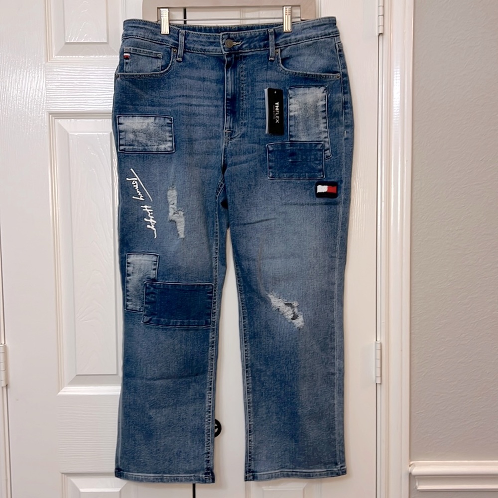 Tommy Hilfiger Patchwork Tribeca Straight Leg Ankle Jeans Flex Denim Sz 14